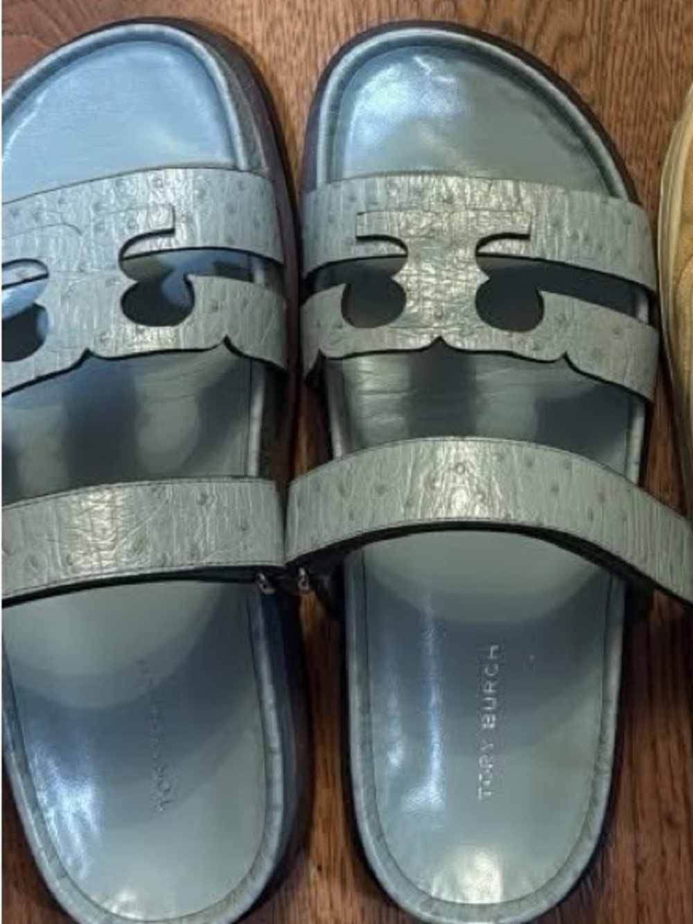 Tory Burch Metallic Gray Logo Slide Sandals